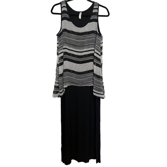 Perception Concept Womens Sleeveless Maxi Dress Large Black Striped Chiffon Over - Picture 1 of 5